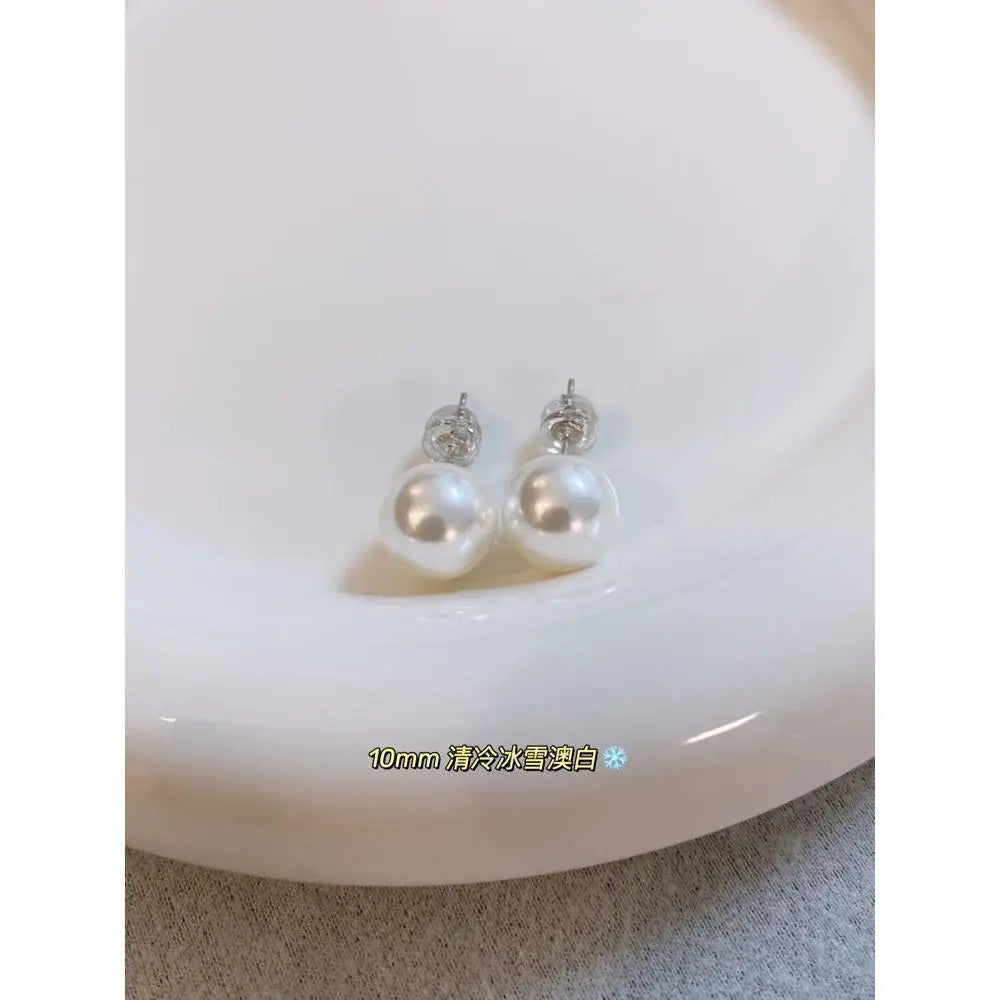 mother shell white pearl stud earrings, female, French style, suitable for graduation ceremonies for women pearl earrings