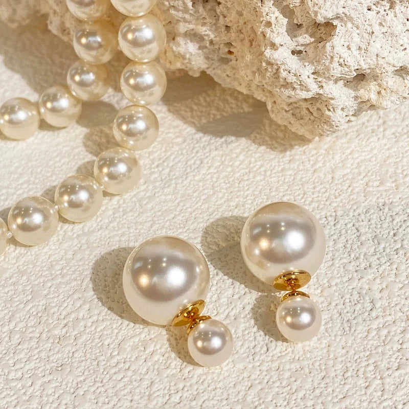 Double Pearl Stud Earrings – French Elegant Front-Back Shell Pearl Jewelry