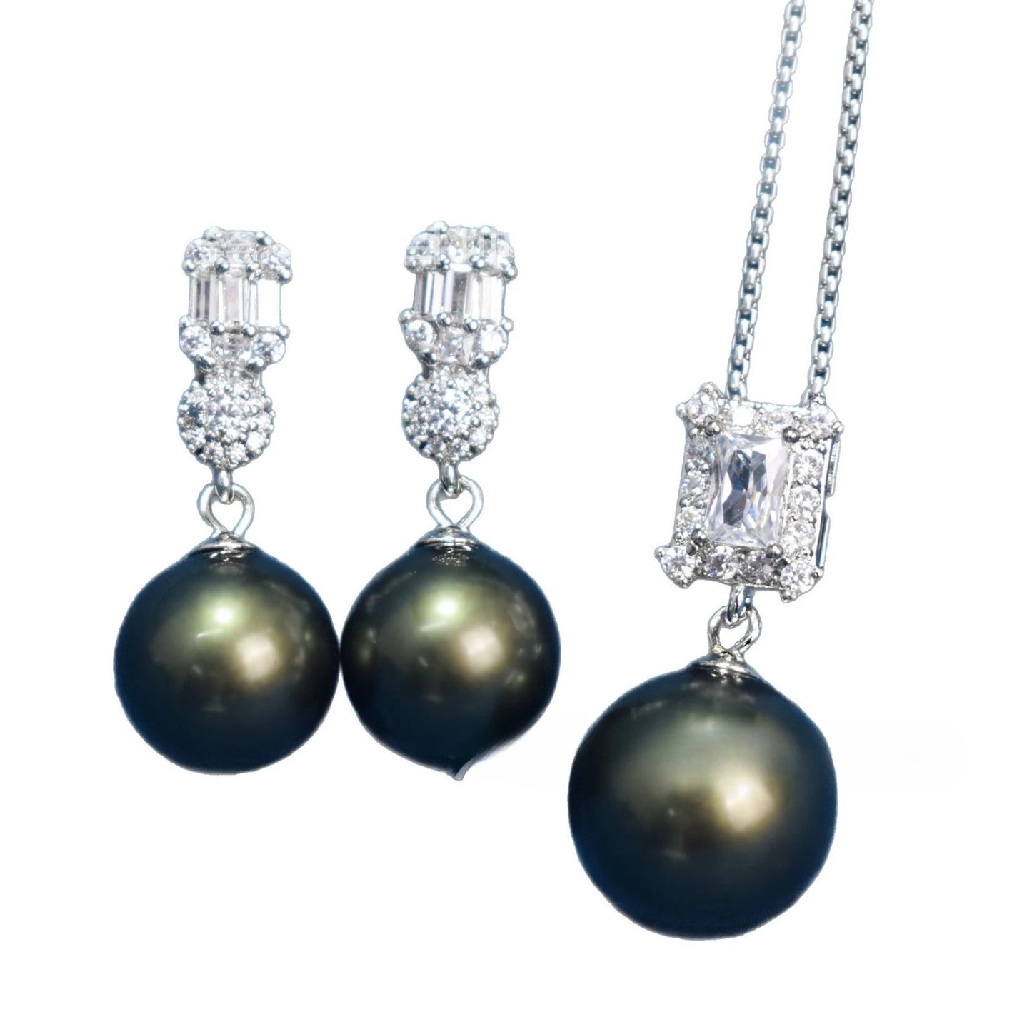 Diana Inspired Pearl Jewelry Set – Square Zircon Inlaid Earrings & Pendant Necklace | Luxury Daily Wear