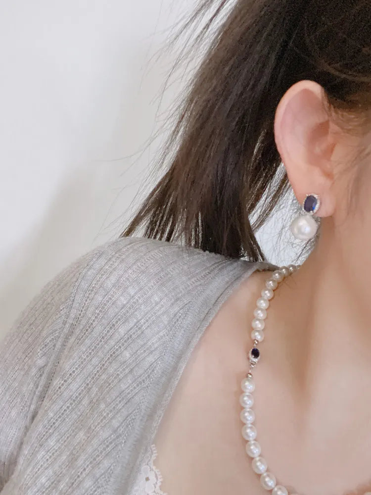 Windsor Sapphire, white pearl stud earrings, feminine versatile celebrity light luxury high-end strong light earrings