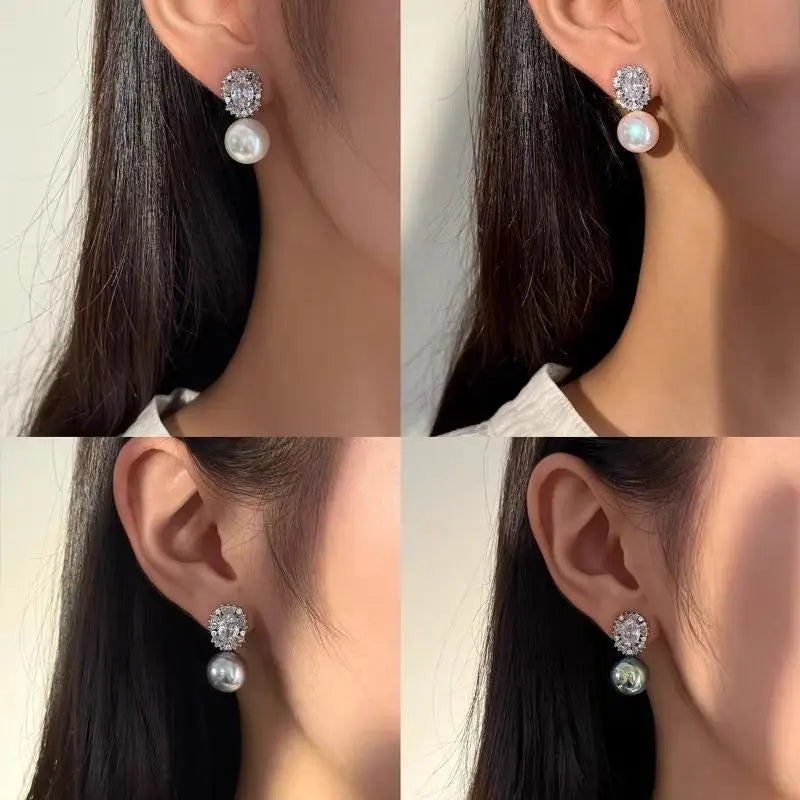 Classic Princess Diana Style 12mm Pearl Stud Earrings for Women Sparkling Zircon Crystal Surround Luxury Earrings Wedding  Gift