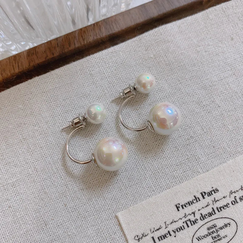Size pearl stud earrings women's light luxury strong light daughter gold C type double-sided earrings shell pearl