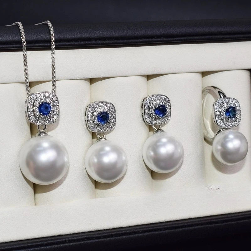 Shell Pearl & Cubic Zirconia Sapphire Jewelry Set - TikTok Viral Bridal & Party Accessories