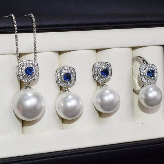 Shell Pearl & Cubic Zirconia Sapphire Jewelry Set - TikTok Viral Bridal & Party Accessories