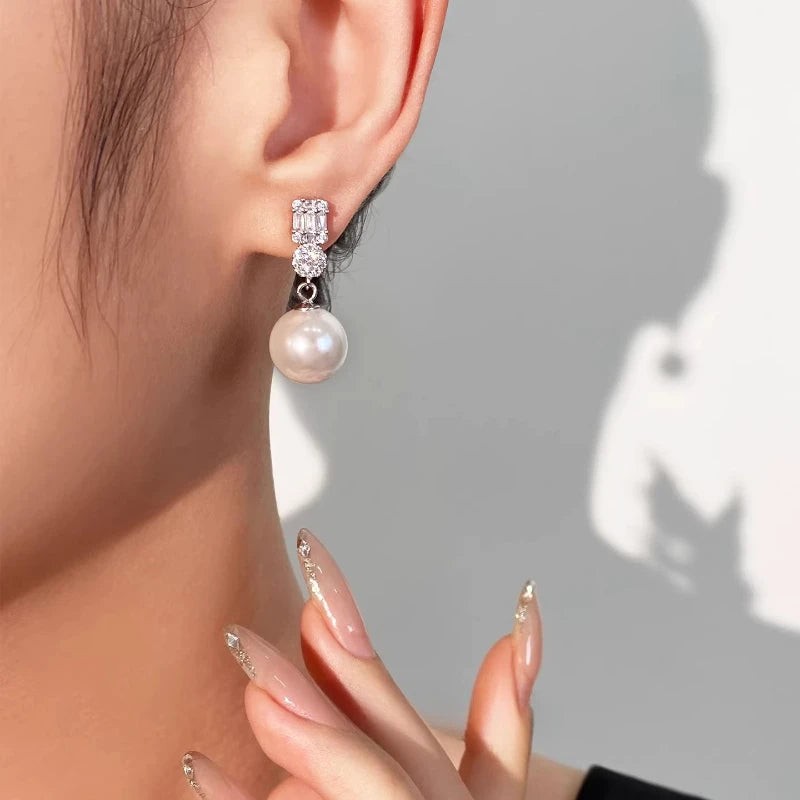 French Style 14mm Shell Pearl Earrings Luxury Zircon Princess Stud Earrings Elegant Fashion Jewelry for Women