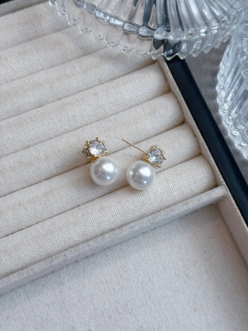 Four-sided diamond Australian white pearl stud earrings Princess Diana, women's light luxury niche high-end earrings design  she