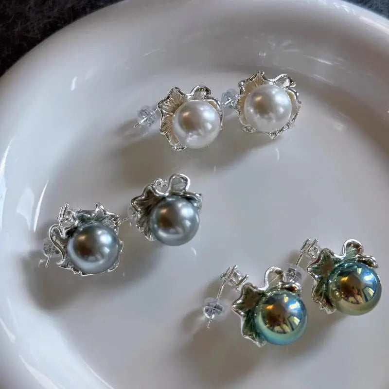 Lotus Leaf Umbrella Pearl Earrings White for Womenshell pearl mother of pearl jewelry
