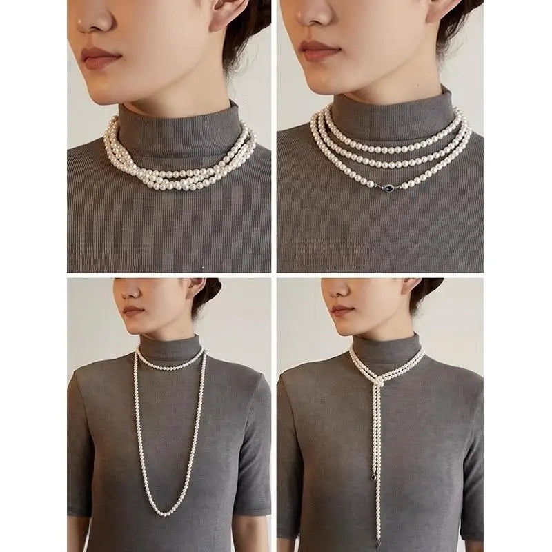 Double-layered long pearl sweater chain 6-10 mm winter Ran'ao mother-of-pearl necklace 85 cm 120 cm 160 cm birthday gift