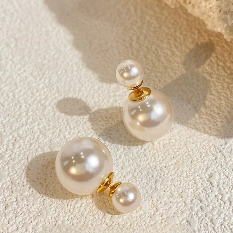 Double Pearl Stud Earrings – French Elegant Front-Back Shell Pearl Jewelry