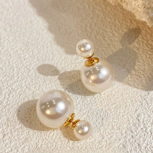 Double Pearl Stud Earrings – French Elegant Front-Back Shell Pearl Jewelry