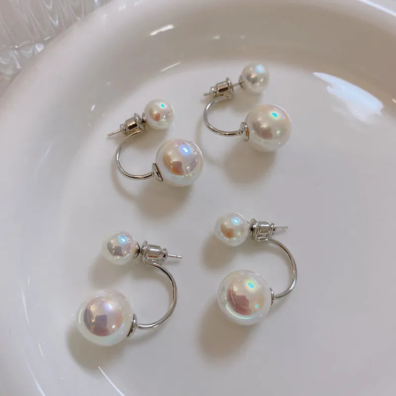 Size pearl stud earrings women's light luxury strong light daughter gold C type double-sided earrings shell pearl