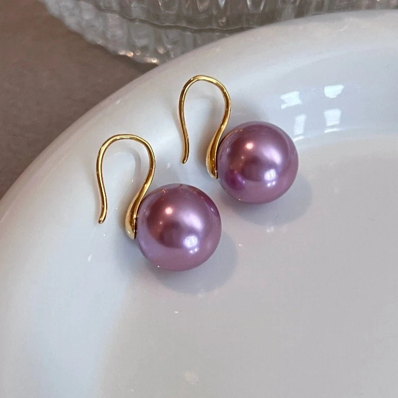 Violet pearl ear-hanging earrings high heels 14mm atmospheric purple large pearl stud earrings retro earrings  shell pearl