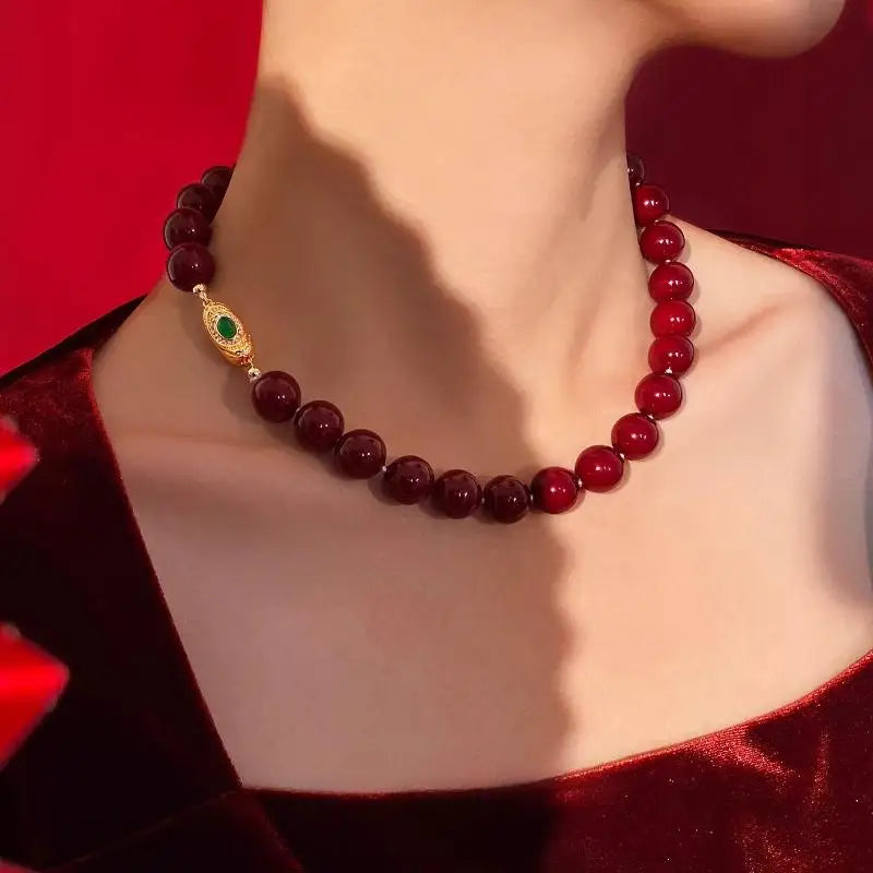 Red Lucky Pearl Necklace for Women, Vintage,shell pearl  Luxurious and Sophisticated Red Collarbone Chain, Festive Wedding Gift