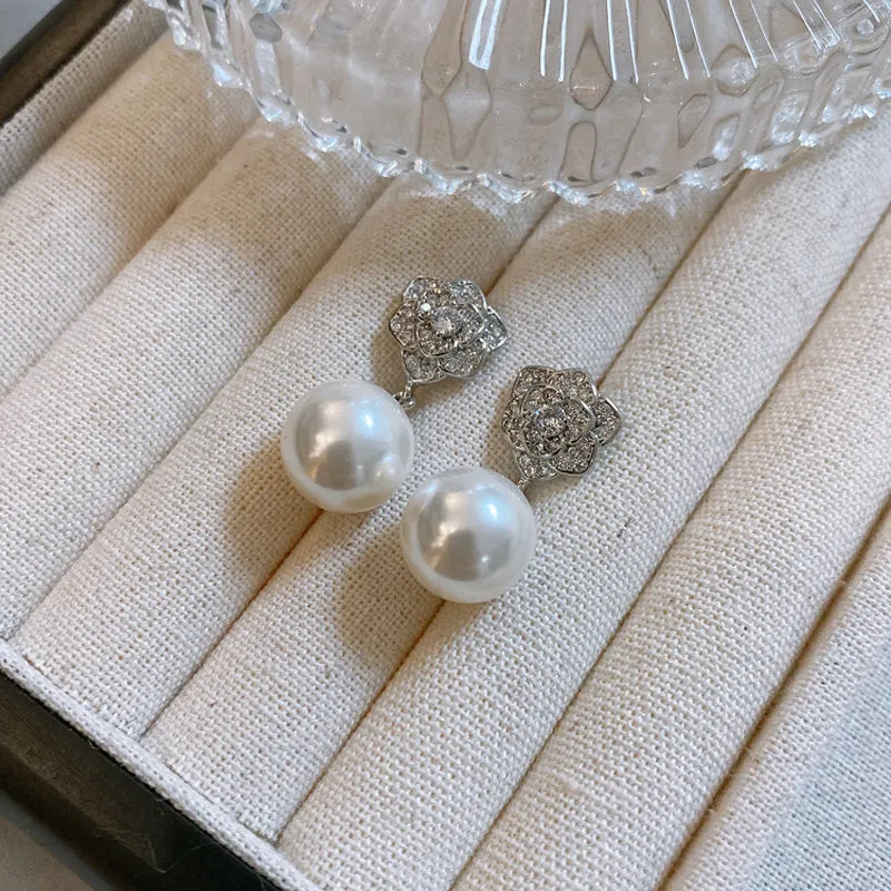 12mmCamellia white pearl stud earrings femininity, French retro diamond-set premium earrings