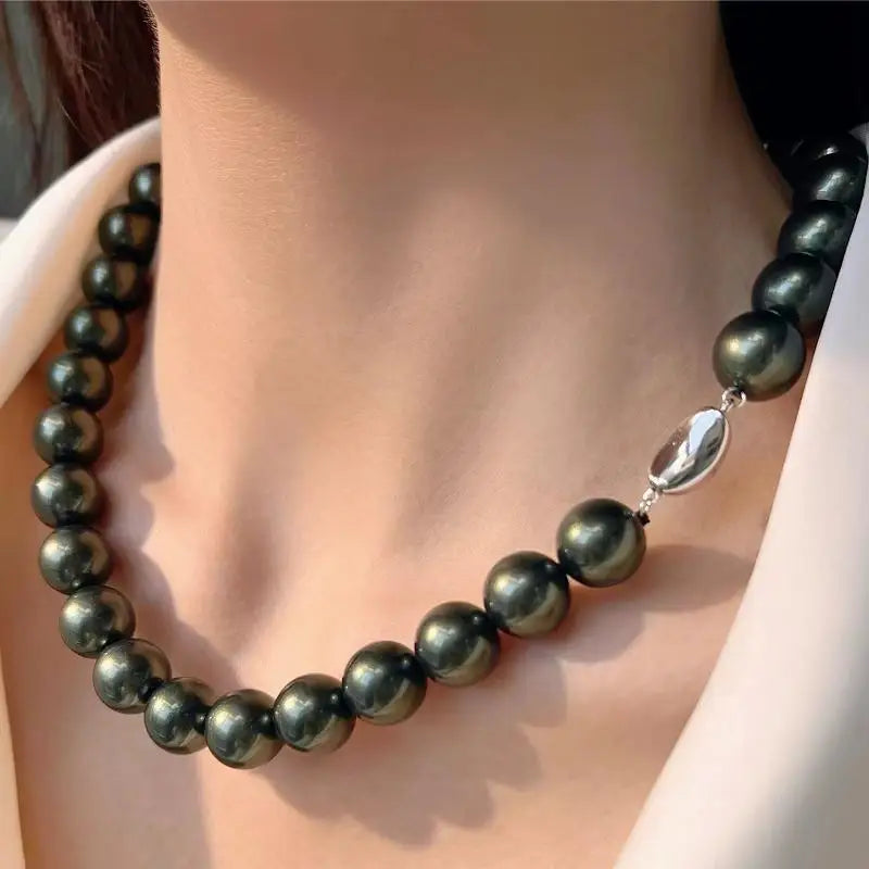 8mm-14mm dark green shell pearl necklace, women's high-end with strong luster, malachite green neck  mother of pearl