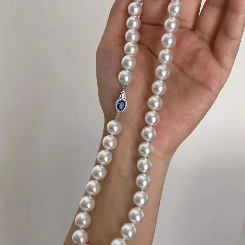 Blue Stone Button White Pearl Necklace set shell pearl mother of pearl Set Clavicle Necklace Birthday Gift mother gift earrings