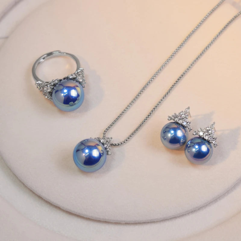 Ice Queen Aura Pearl Jewelry Set – Ice-Cream Color Pearls with Crown Zircon | Light Luxury Silver Plated