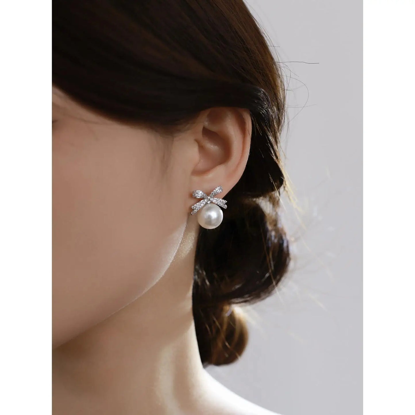 Cute Bow White Pearl Stud Earrings for Women 12mm 14mm, Butterfly Knot Pearl Earrings, Elegant Fashion Jewelry, Birthday Gift