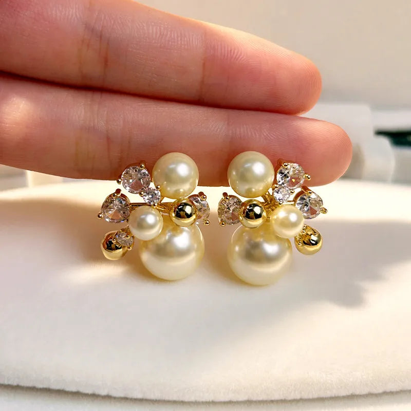Cluster Shell Pearl Earrings – Luxe Gold-Tone & Sparkly Zircon | Go-To Accessory for Every Outfit