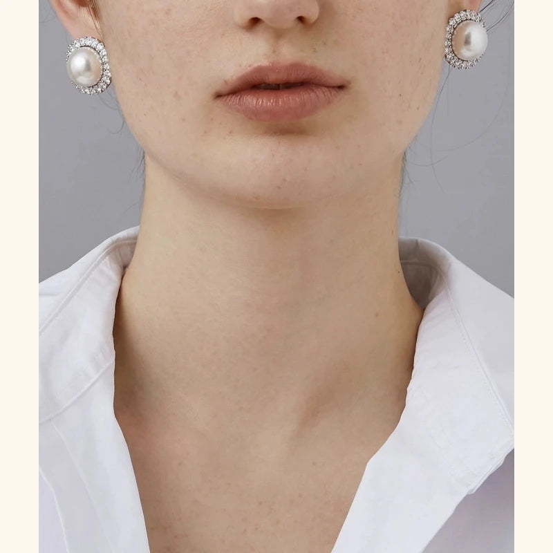 Diamond Halo Pearl Stud Earrings – Elegant Luxe Daily Wear | Classic Pearl Jewelry