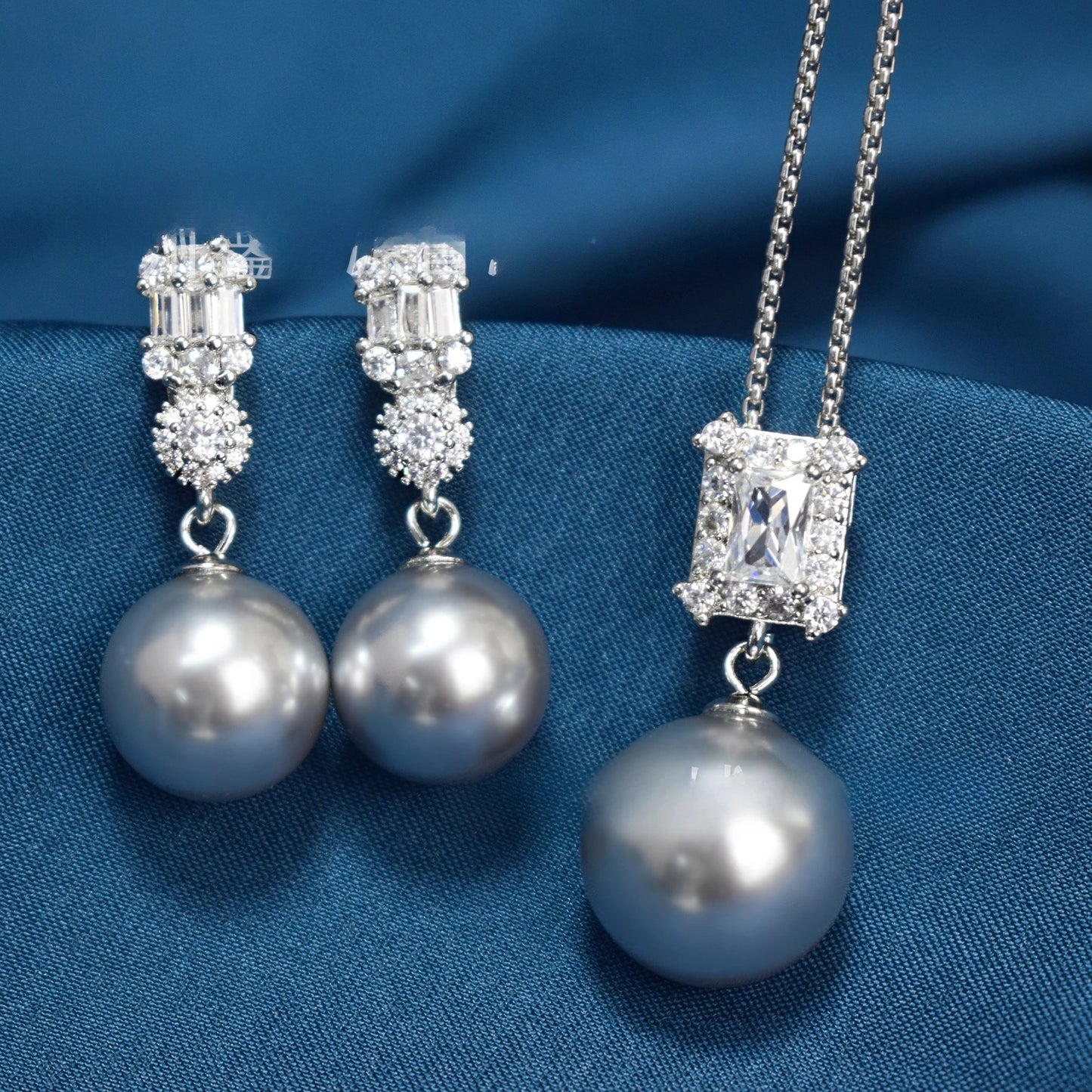 Diana Inspired Pearl Jewelry Set – Square Zircon Inlaid Earrings & Pendant Necklace | Luxury Daily Wear