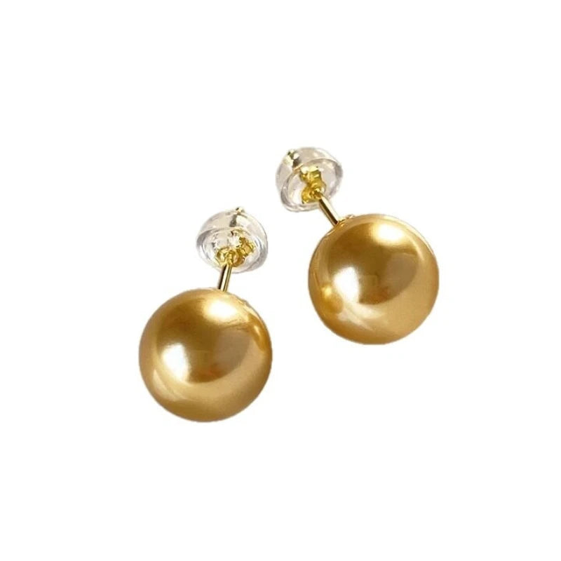 Golden Round Pearl Stud Earrings – Classic Shell Bead Jewelry, French Elegant Style