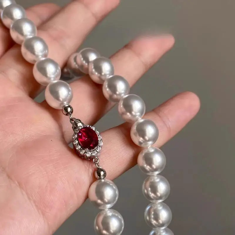 Elegant White Pearl Necklace for Women, Red Crystal Clasp Pearl Choker Necklace, Vintage Jewelry Gift