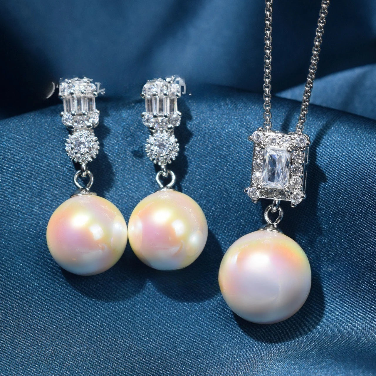 Diana Inspired Pearl Jewelry Set – Square Zircon Inlaid Earrings & Pendant Necklace | Luxury Daily Wear