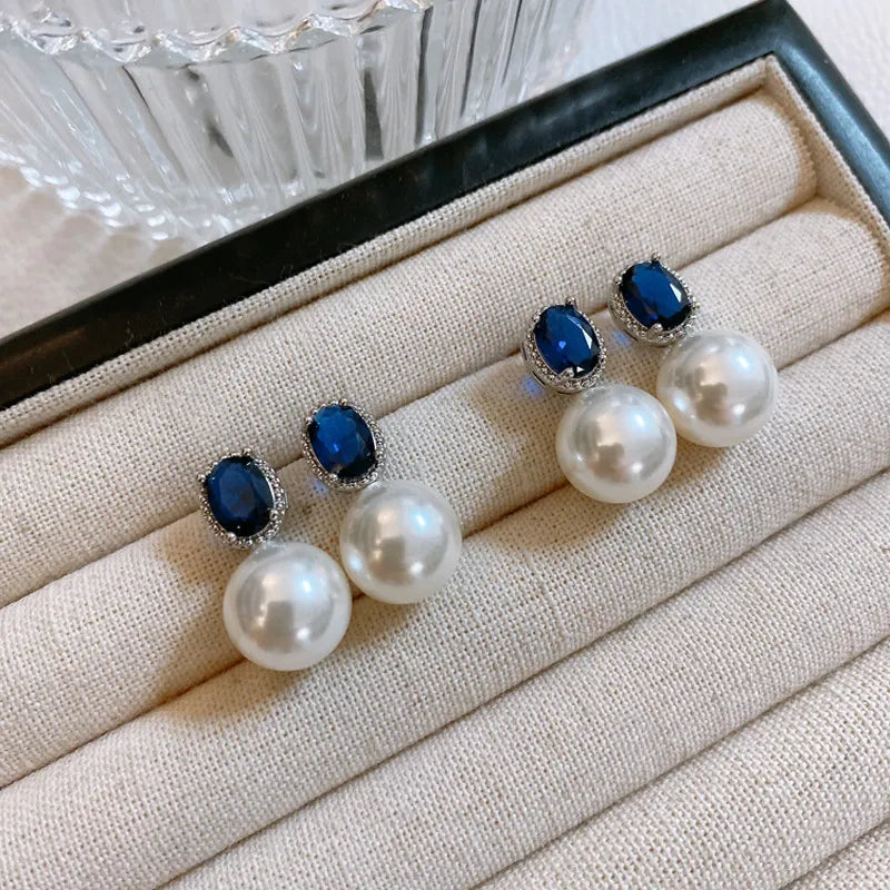 Windsor Sapphire, white pearl stud earrings, feminine versatile celebrity light luxury high-end strong light earrings