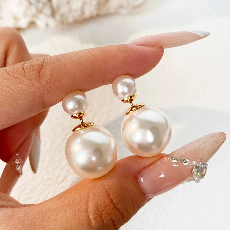 Double Pearl Stud Earrings – French Elegant Front-Back Shell Pearl Jewelry