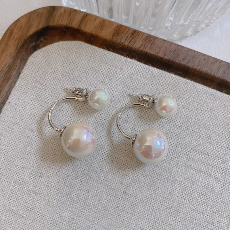 Size pearl stud earrings women's light luxury strong light daughter gold C type double-sided earrings shell pearl
