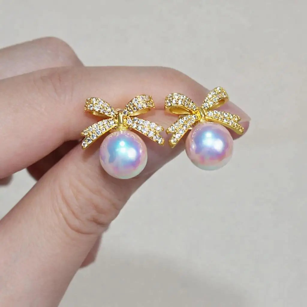 Cute Bow White Pearl Stud Earrings for Women 12mm 14mm, Butterfly Knot Pearl Earrings, Elegant Fashion Jewelry, Birthday Gift