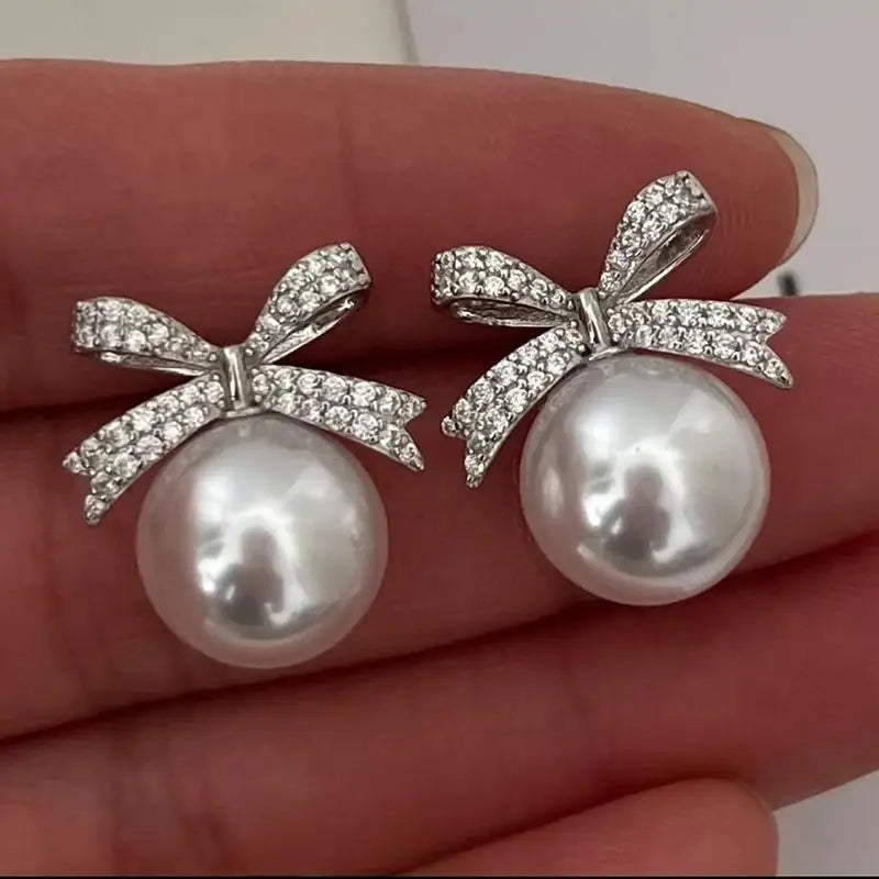 Cute Bow White Pearl Stud Earrings for Women 12mm 14mm, Butterfly Knot Pearl Earrings, Elegant Fashion Jewelry, Birthday Gift