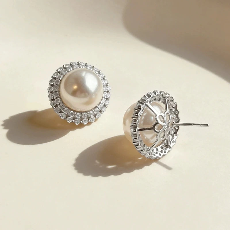 Diamond Halo Pearl Stud Earrings – Elegant Luxe Daily Wear | Classic Pearl Jewelry