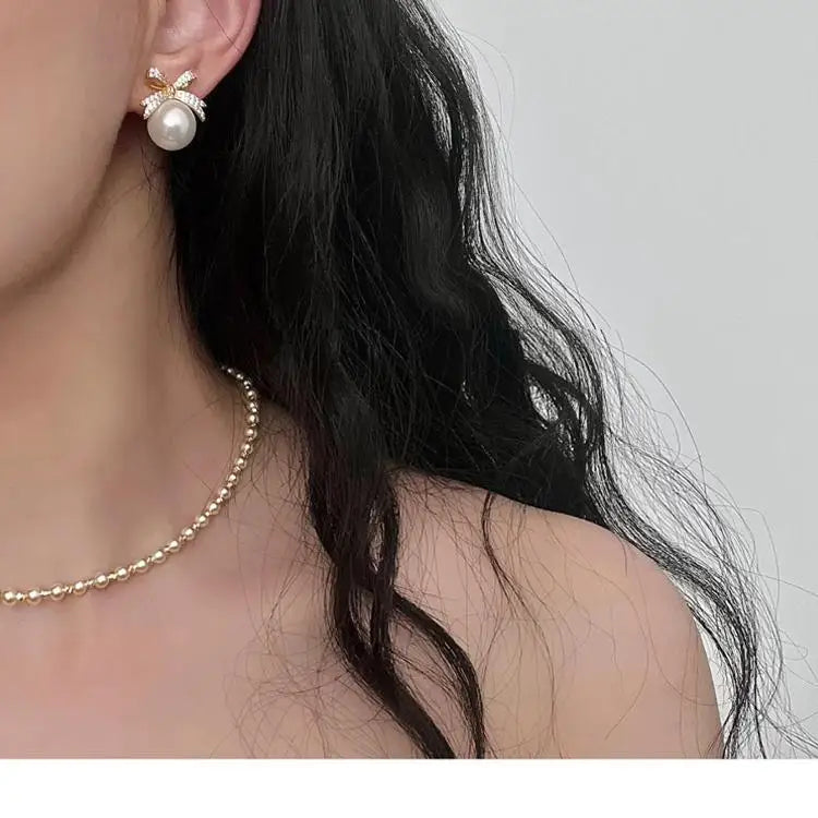 Cute Bow White Pearl Stud Earrings for Women 12mm 14mm, Butterfly Knot Pearl Earrings, Elegant Fashion Jewelry, Birthday Gift