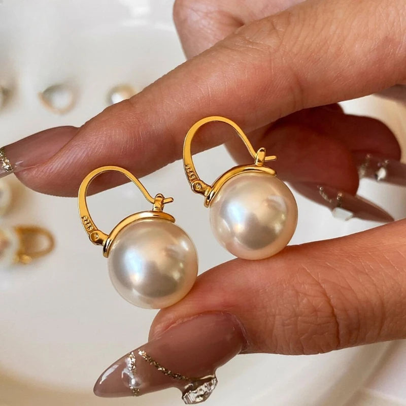HOT Bucket shell Pearl Earrings, Premium Light Luxury  Teapot Ear Buckle · [Gold Bucket Ear Buckle] 14mm Cream White