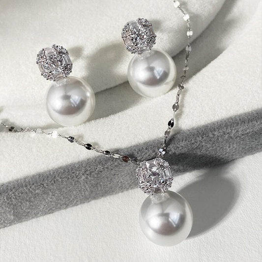 Small Sugar Cube Pearl Stud Earrings Premium Sense Silver Needle Super Flash Large Classic Earrings 12mm