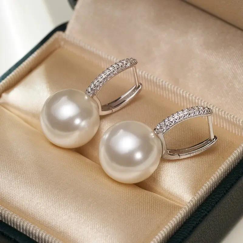 14mm Shell Pearl Drop Earrings for Women, Elegant White & Gold Pearl Dangle Earrings, Wedding Jewelry, Birthday Gift for Mom, Wi