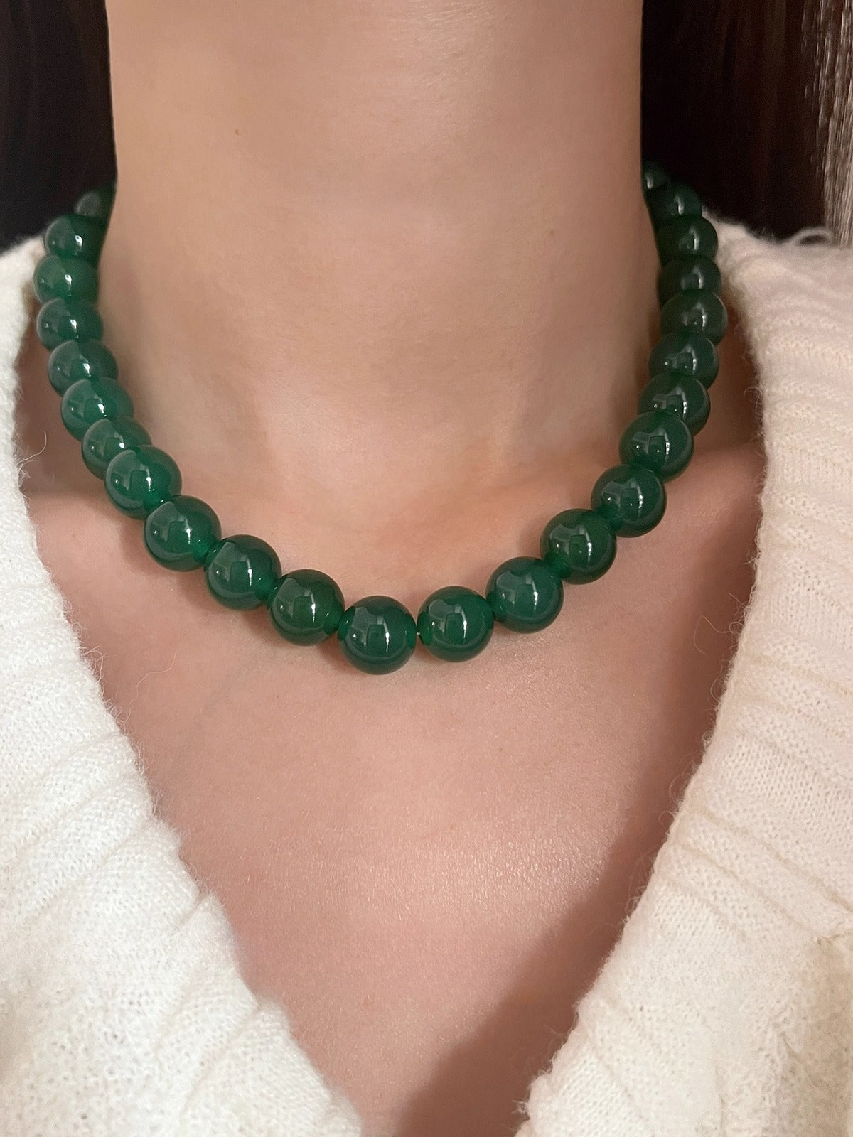 Green Chalcedony Bead Necklace – Natural Green Gemstone Necklace with 925 Sterling Silver Clasp, Elegant Women’s Jewelry
