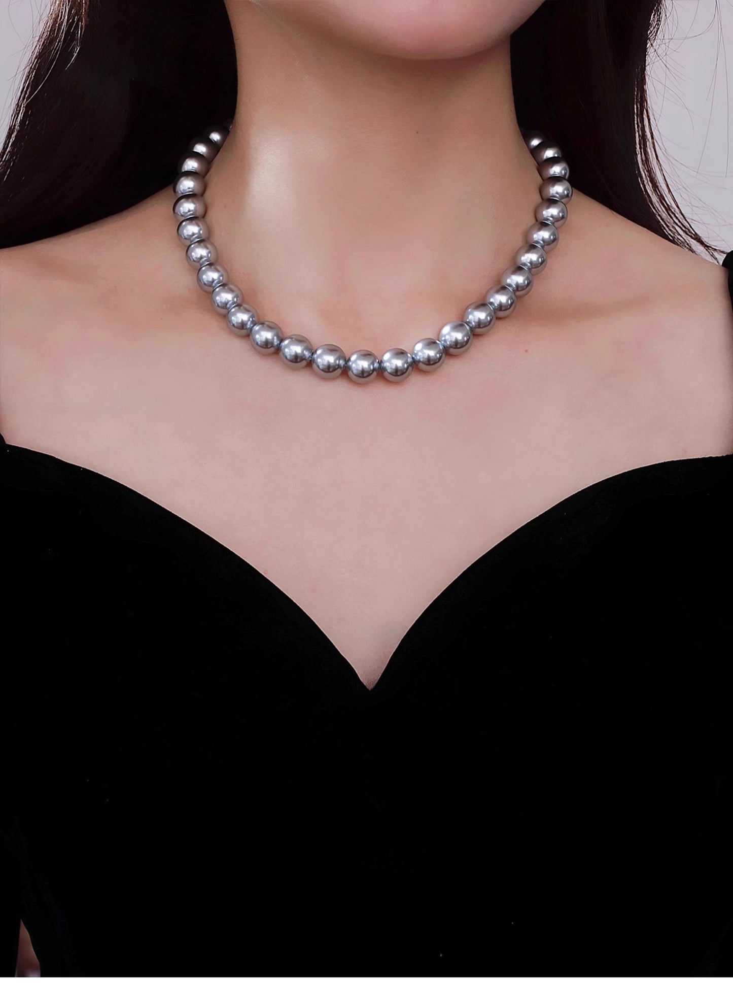 gray pearl necklace 925 silver neck chain autumn and winter sweater chain women's silver gray8mm- 12mm