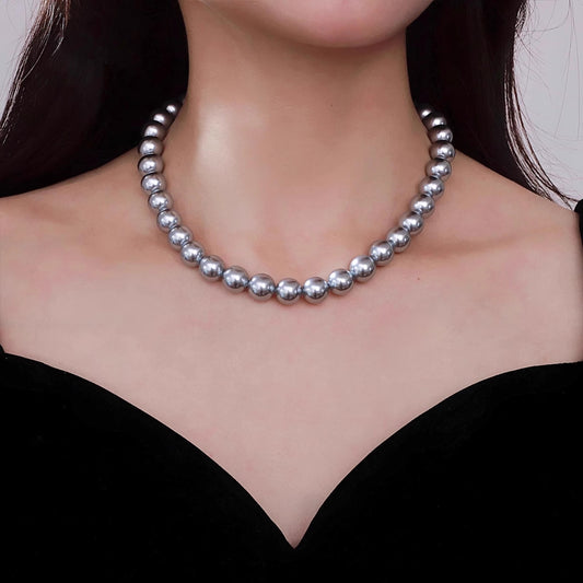 gray pearl necklace 925 silver neck chain autumn and winter sweater chain women's silver gray8mm- 12mm