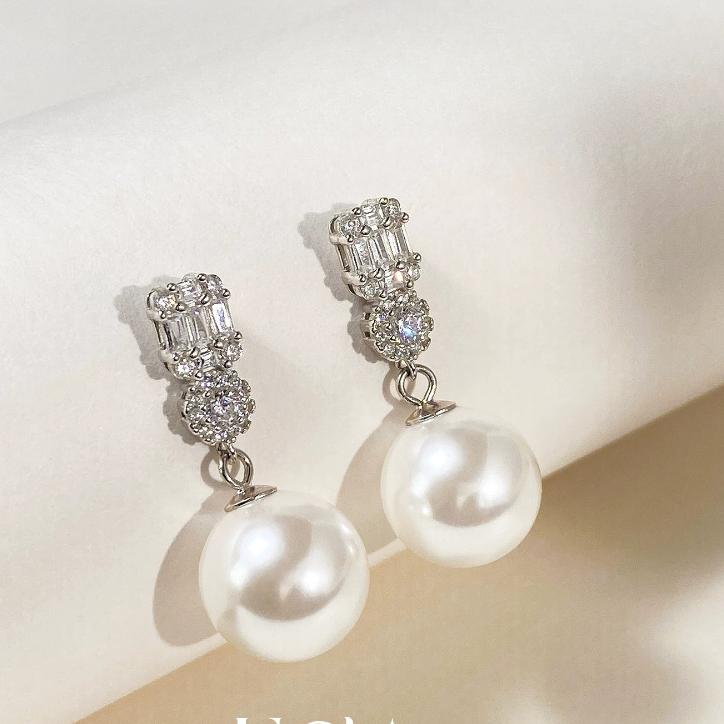 14mm French Style White Pearl Earrings Faux Pearl High End Niche Zircon Diana Stud Earrings for Women Trendy Jewelry