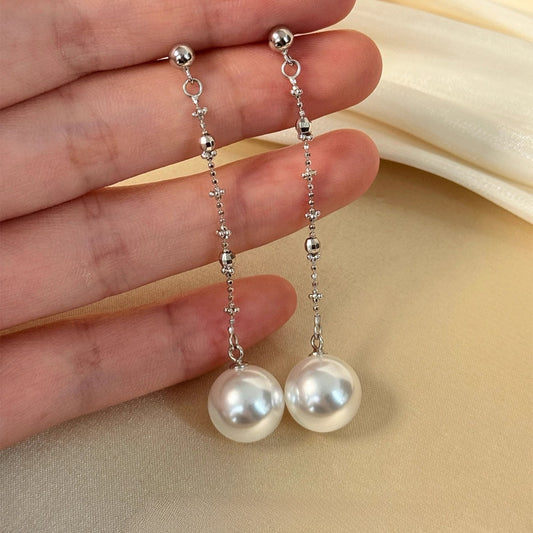 2025 New High-End S925 Sterling Silver Long Pendant Pearl Stud Earrings for Women
