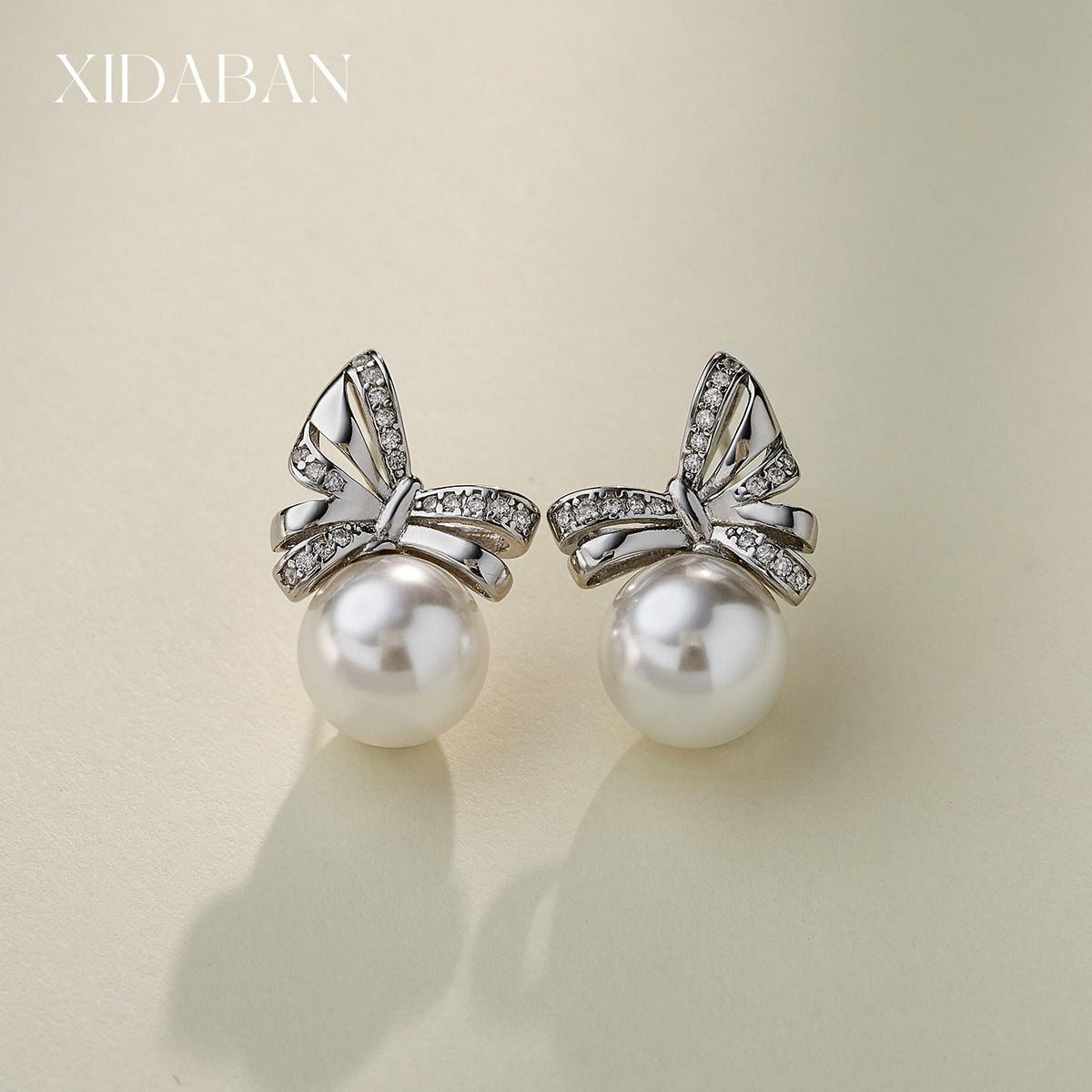 12Mm white pearl earrings bow beads zirconium sparkle French niche exquisite high-end women classic fashion elegant luxury jewelry gift