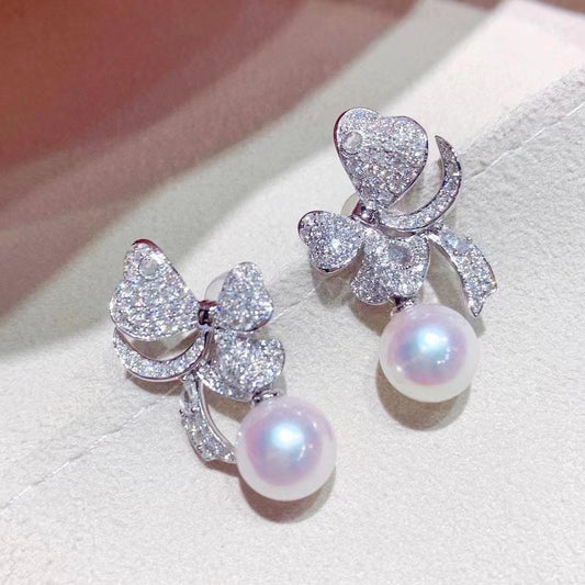 New Girly Bow Earrings S925 Sterling Silver Earrings Pearl Diameter 9-10MM White Pearl