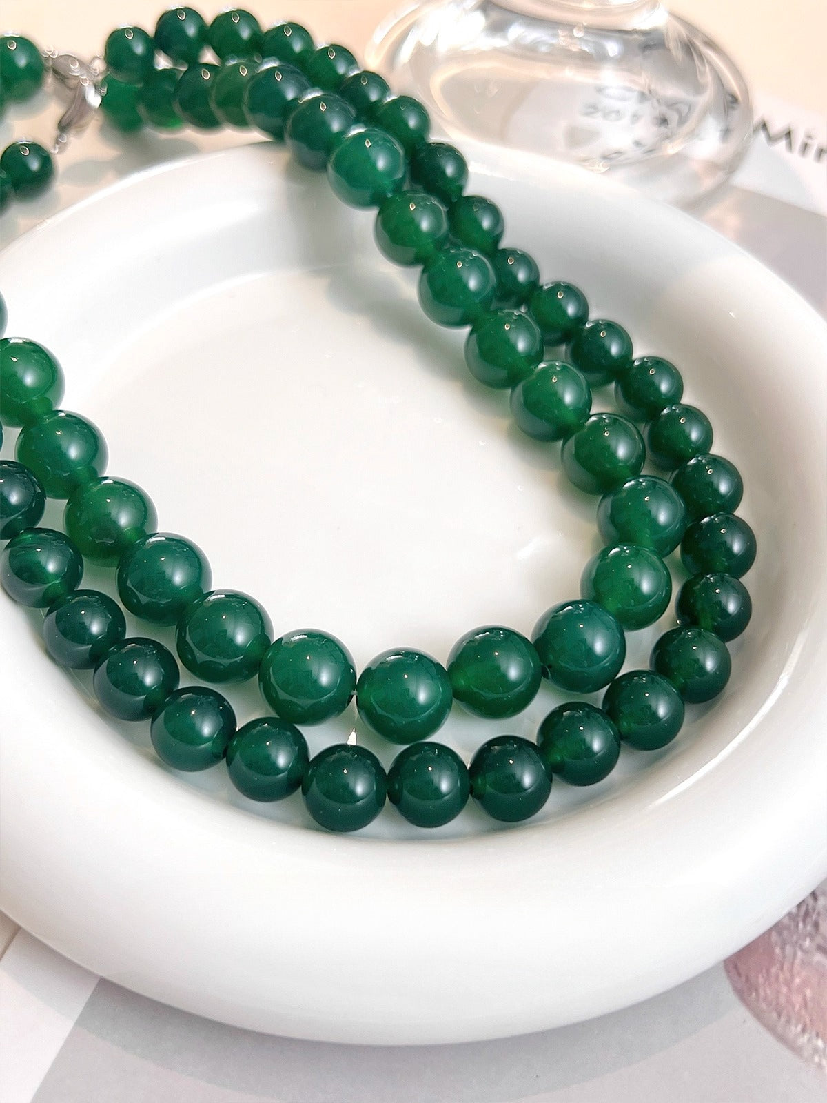 Green Chalcedony Bead Necklace – Natural Green Gemstone Necklace with 925 Sterling Silver Clasp, Elegant Women’s Jewelry
