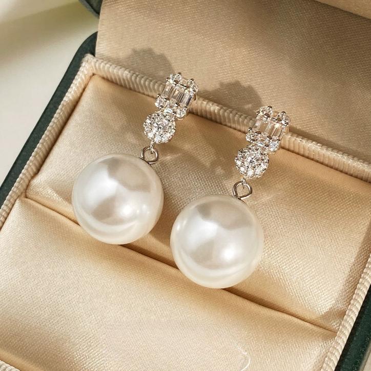 14mm French Style White Pearl Earrings Faux Pearl High End Niche Zircon Diana Stud Earrings for Women Trendy Jewelry
