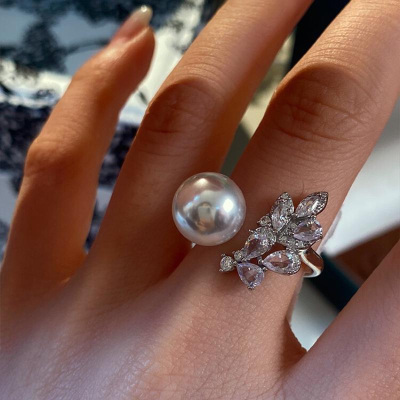 Pearl ring round strong light S925 sterling silver light luxury open ring 10mm ring 925 silver