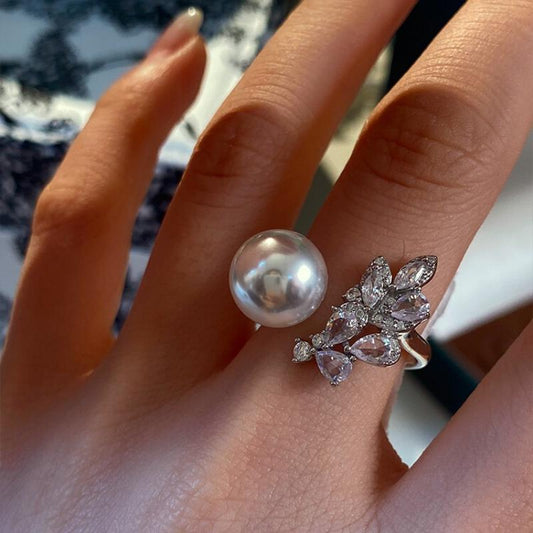 Pearl ring round strong light S925 sterling silver light luxury open ring 10mm ring 925 silver