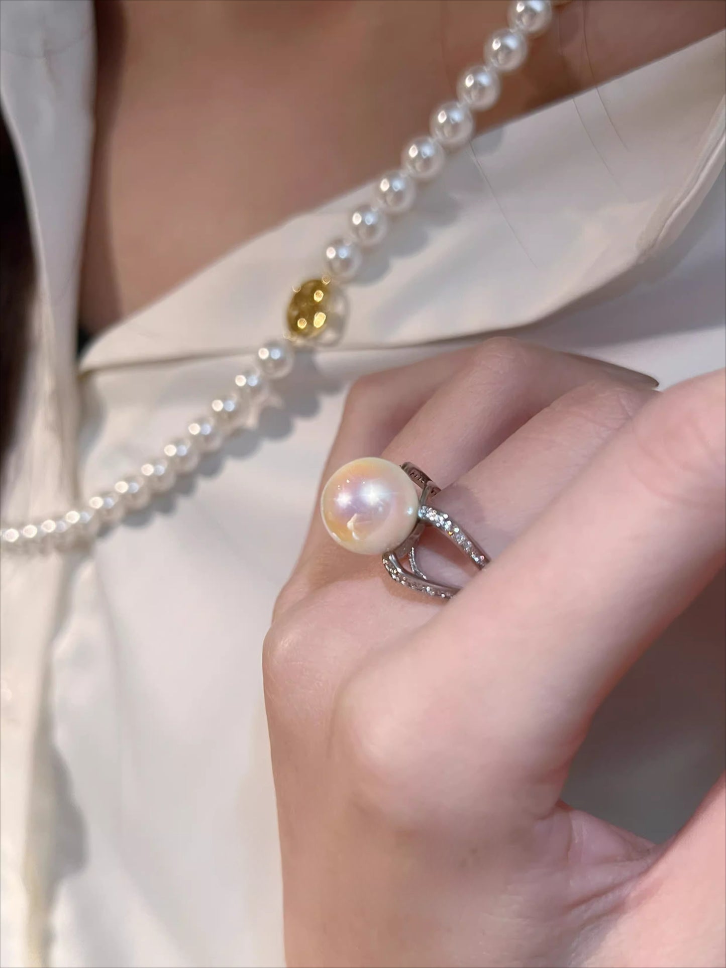 Luxury Style Version  Pearl & Zircon Open Ring – Women’s Adjustable High-End Diamond-Set Jewelry